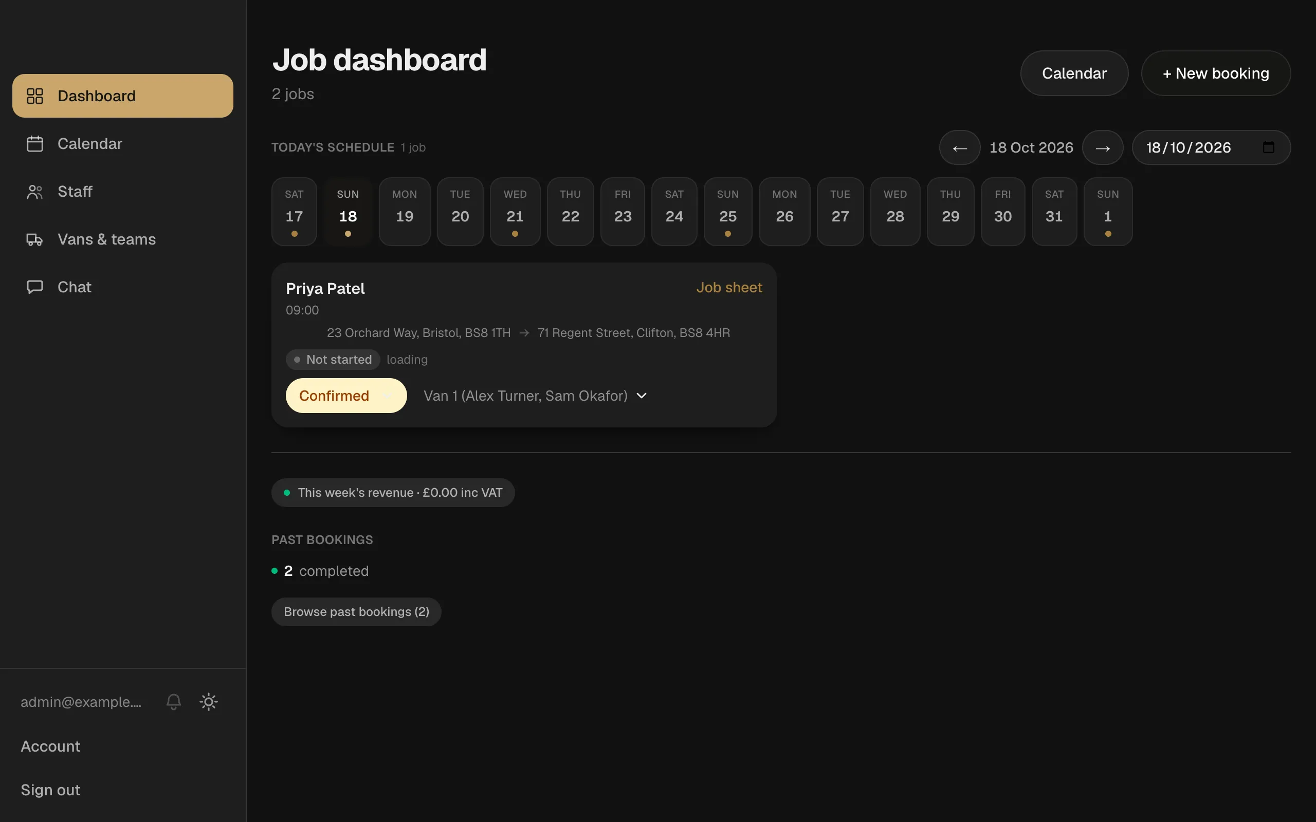 The job dashboard: today’s schedule with a confirmed move, its route, and the van and crew assigned.