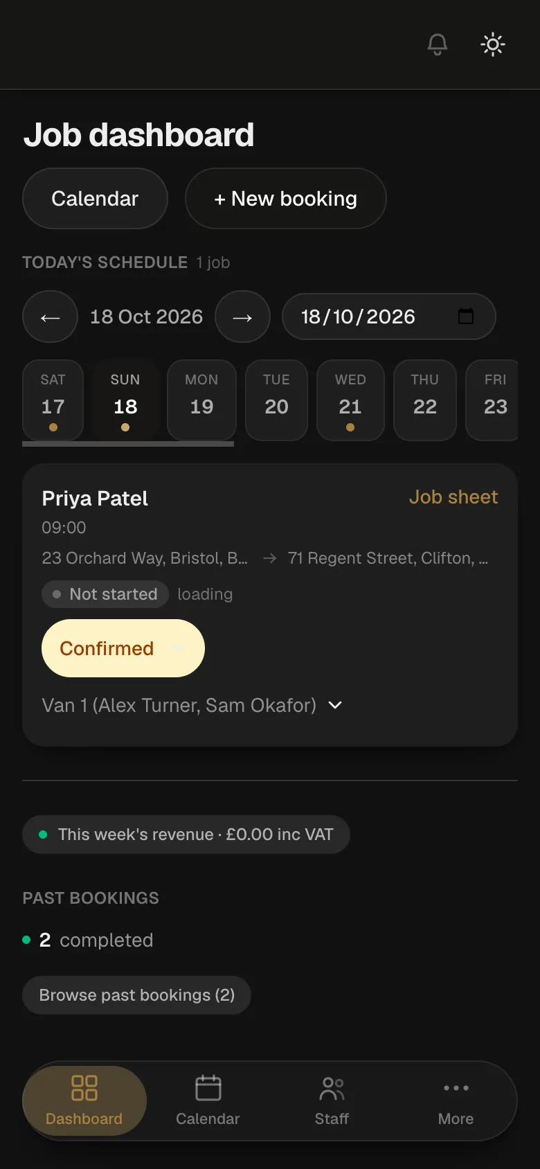 The job dashboard on a phone: today’s move, its route, status and crew.