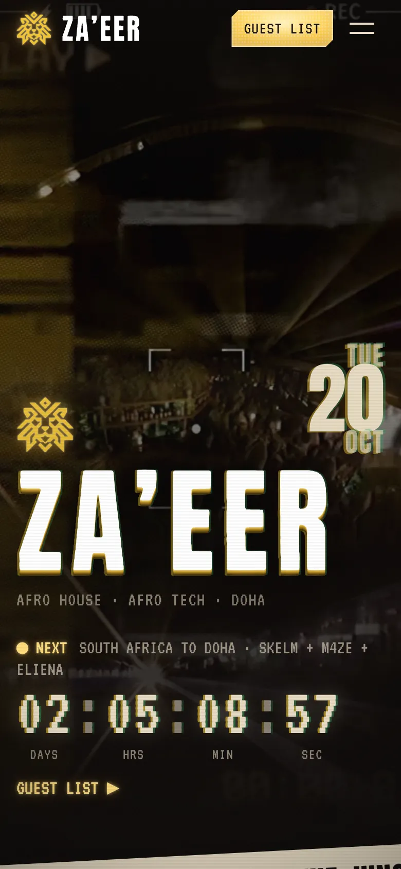 The ZA’EER homepage: the gold ZA’EER logo over footage of a packed club, the next night’s line-up and a countdown.