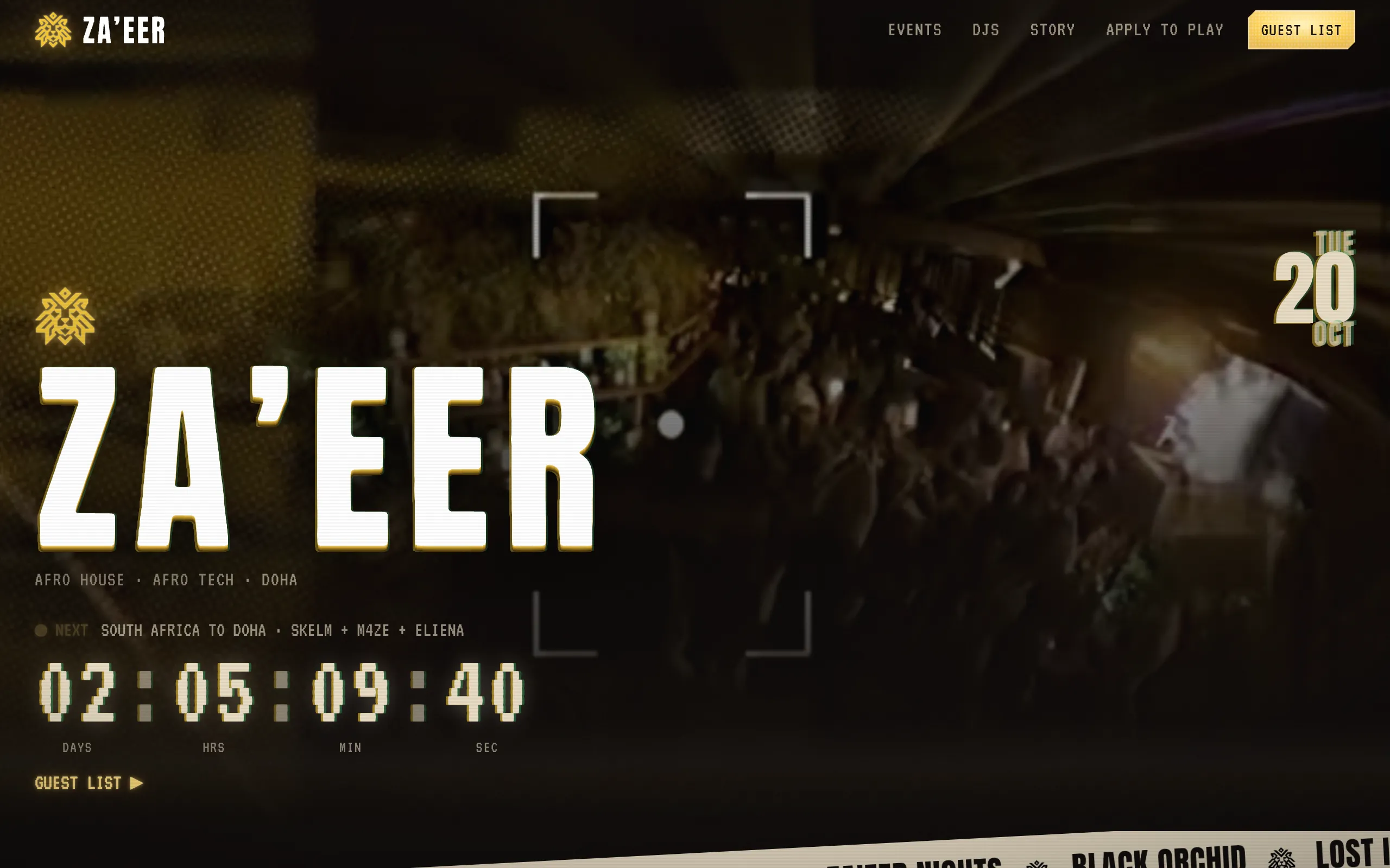 The ZA’EER homepage: the gold ZA’EER logo over footage of a packed club, the next night’s line-up and a countdown.